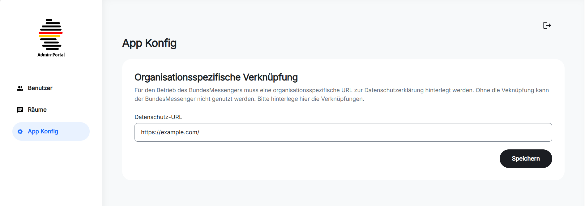 Admin Portal mit neuem Menü Eintrag 'App Konfig'