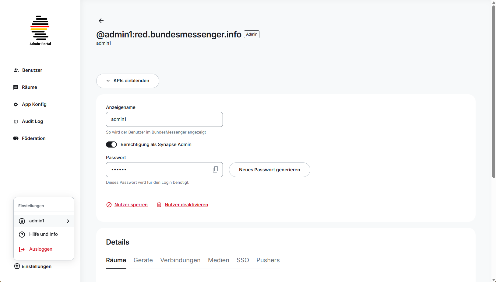 Screenshot der Ansicht Einstellungen