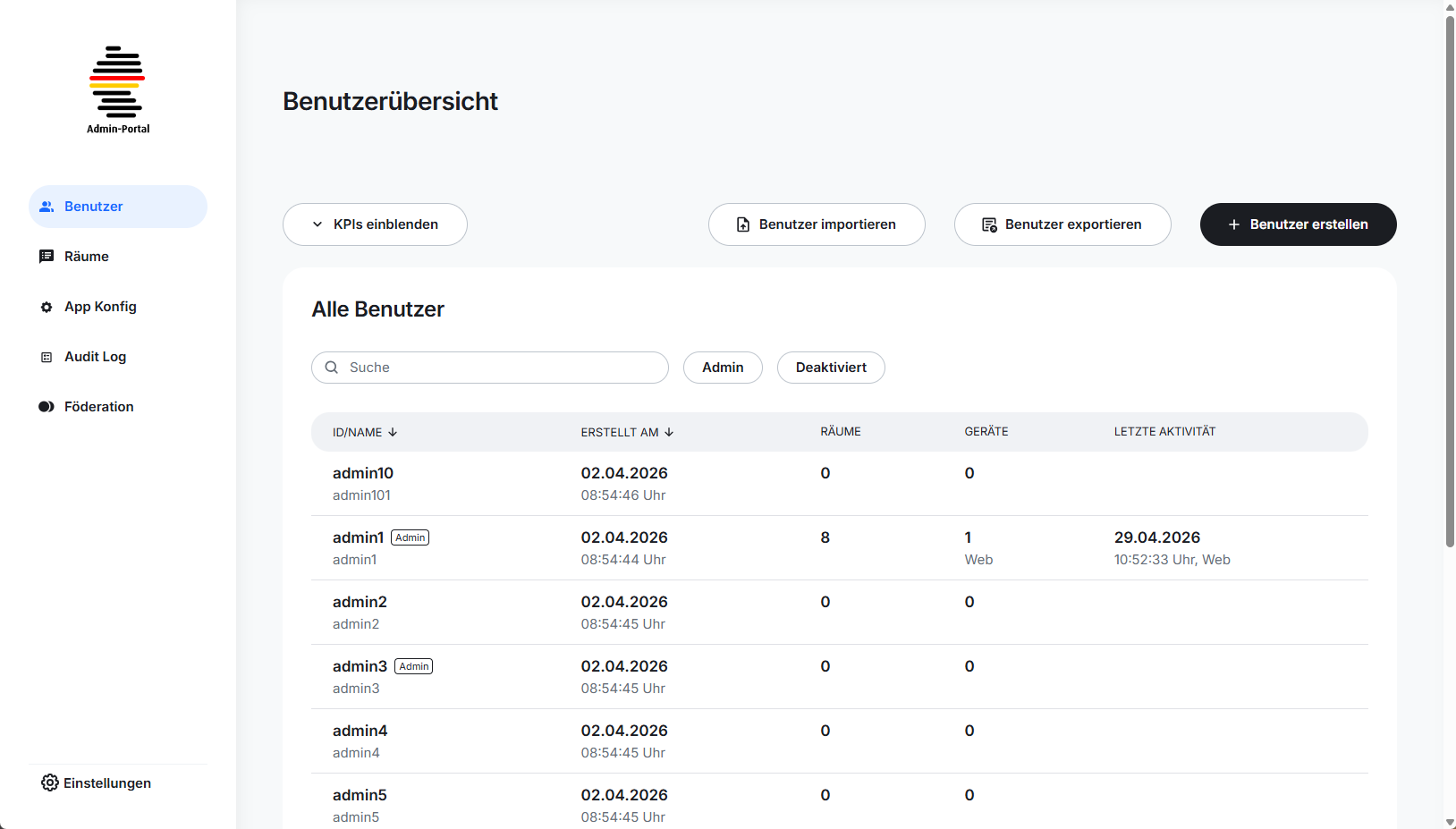  Screenshot der Benutzerübersicht im Admin-Portal